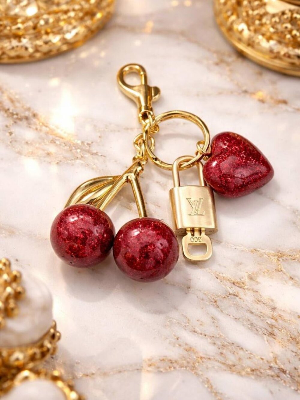 Louis Vuitton Gold Lock 🔒 Authentic LV Key + Unbranded Apple/Heart Bag Charm